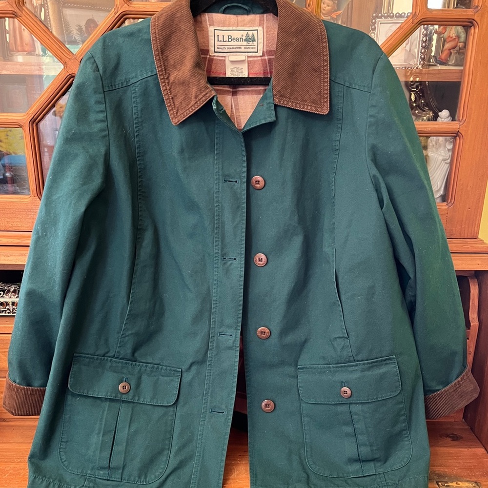 LL Bean Women’s Adirondack Barn Coat Teal Green Flannel-Lined Size Petite Large